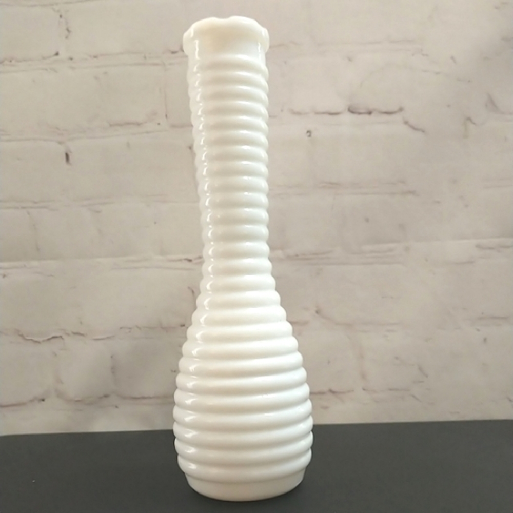 VINTAGE Randall Milk Glass Vase Ribbed 8.5" Tall